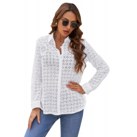 White Long Sleeve Eyelet Floral Pattern Hollow-out Shirt