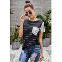 Black Striped Short Sleeve Contrast Color T-Shirt with Pocket