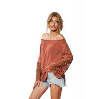 Orange Off Shoulder Crochet Hem Top