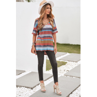 Multicolor Color Block V Neck Short Sleeve Top