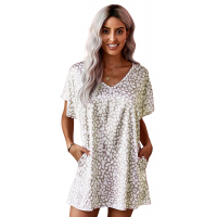 V-Neck Half Sleeve Leopard Casual T Shirt Dress with Pockets