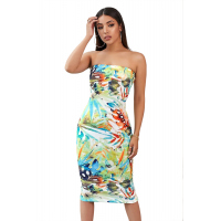 Yellow Tropical Print Tube Bodycon Dress