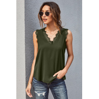 Green Sleeveless Eyelash Lace V Neck Tank Top