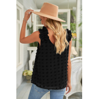 Black Swiss Dot Woven Sleeveless Top With Ruffled Straps