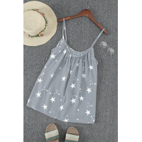 Gray Star Print Spaghetti Strap Pleated Flowing Tank Top