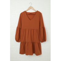 Brown Ruffle V-Neck Flowy Loose Tunic Dress