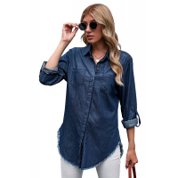 Blue Roll up Long Sleeves Frayed Hem Denim Shirt