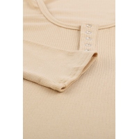 Khaki U Neck Button Knit Long Sleeve Top