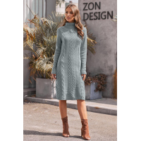 Gray Hand Knitted High Neck Sweater Dress