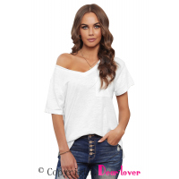 White V Neck Short Sleeves Cotton Blend Tee with Front Pocket and Side Slits