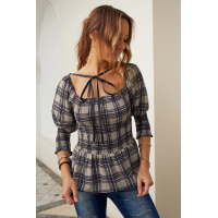 Gray Plaid Shirring Square Neck Puffed Short Sleeve Top with Tie Detail