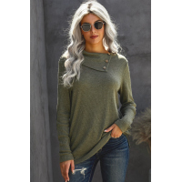 Army Green Buttoned Neck Knit Long Sleeves Top