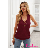 Wine Red Crisscross Hollow-out Knit Tank Top