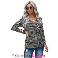 Leopard Camo Splicing Print V Neck Long Sleeve Top