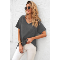 Gray V Neck Short Sleeves Cotton Blend Tee with Front Pocket and Side Slits