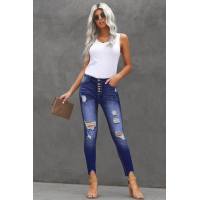 Blue High Rise Button Front Frayed Ankle Skinny Jeans