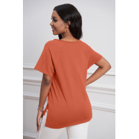 Orange V Neck Short Sleeves Cotton Blend Tee with Front Pocket and Side Slits