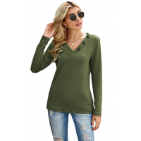 Green V-neck Button Solid Color Long Sleeve Top