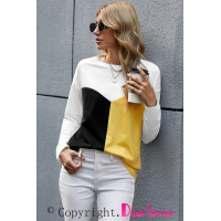 Yellow Color Block Splicing O-Neck Blouse