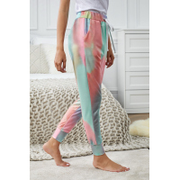 Pink Tie-dye Color Block Drawstring Pants