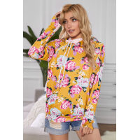  Yellow Cowl Neck Floral Print Hoodie with Striped Detail