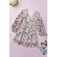 Apricot V Neck Lantern Sleeves Floral Tunic Dress