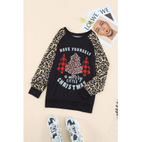 Black Leopard Sleeves Christmas Tree Print Top