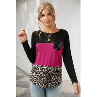 Rosy Leopard Print Color Block Sequin Pocket Top