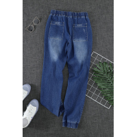 Blue Pocketed Distressed Denim Joggers