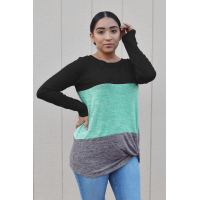 Green Color Block Crew Neck Blouse