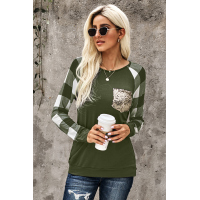 Green Plaid Splicing Sequined Pocket Long Sleeve Top