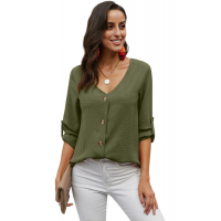 Green Button Detail Roll Up Sleeve Blouse