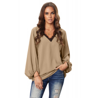 Khaki Lace V Neck Balloon Sleeves Top