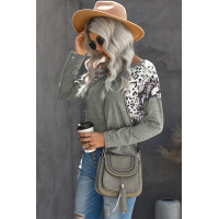 Gray Long Sleeve Top With Leopard Snakeskin Print