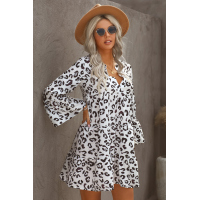 White Leopard Print V neck Ruffle Swing Mini Dress