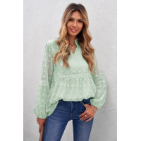 Green Ruffled Split Neck Lace Hollow Out Puff Sleeve Polka Dot Blouse