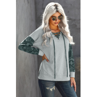 Gray Camo Lace-Up Side Split Hem Long Sleeve Top