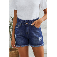 Blue High Rise Ruffle Waist Denim Shorts