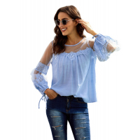 Sky Blue Fashion Lantern-Sleeve Lace Patchwork Top