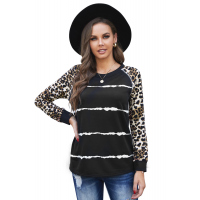 Black Leopard Sleeve Tie-dye Stripe Print Top