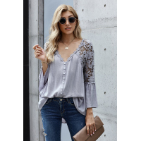 Gray Crochet Lace Button Top