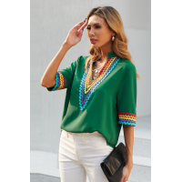 Green Ethnic Colorblock Short Sleeves Top