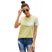 Yellow Striped Short Sleeve Contrast Color T-Shirt with Pocket