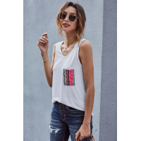 White Casual Women Tank Top with Multicolor Pocket