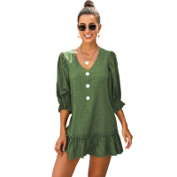 Green Casual Loose V Neck Short Swing Dress