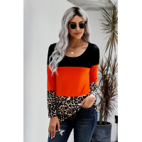 Orange Colorblock Leopard Triple Patchwork Long Sleeve Top