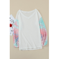 White V Neck Tie-dye Knitted Texture Hollow Out Puff Long Sleeve Top