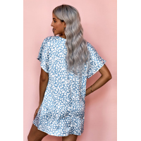 Blue V-Neck Half Sleeve Leopard Casual T Shirt Dress with Pockets