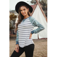 Green Plaid Raglan Sleeve Striped Top