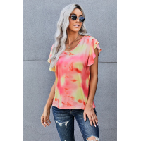 Orange Tie-dye Print Ruffled Sleeves T-shirt